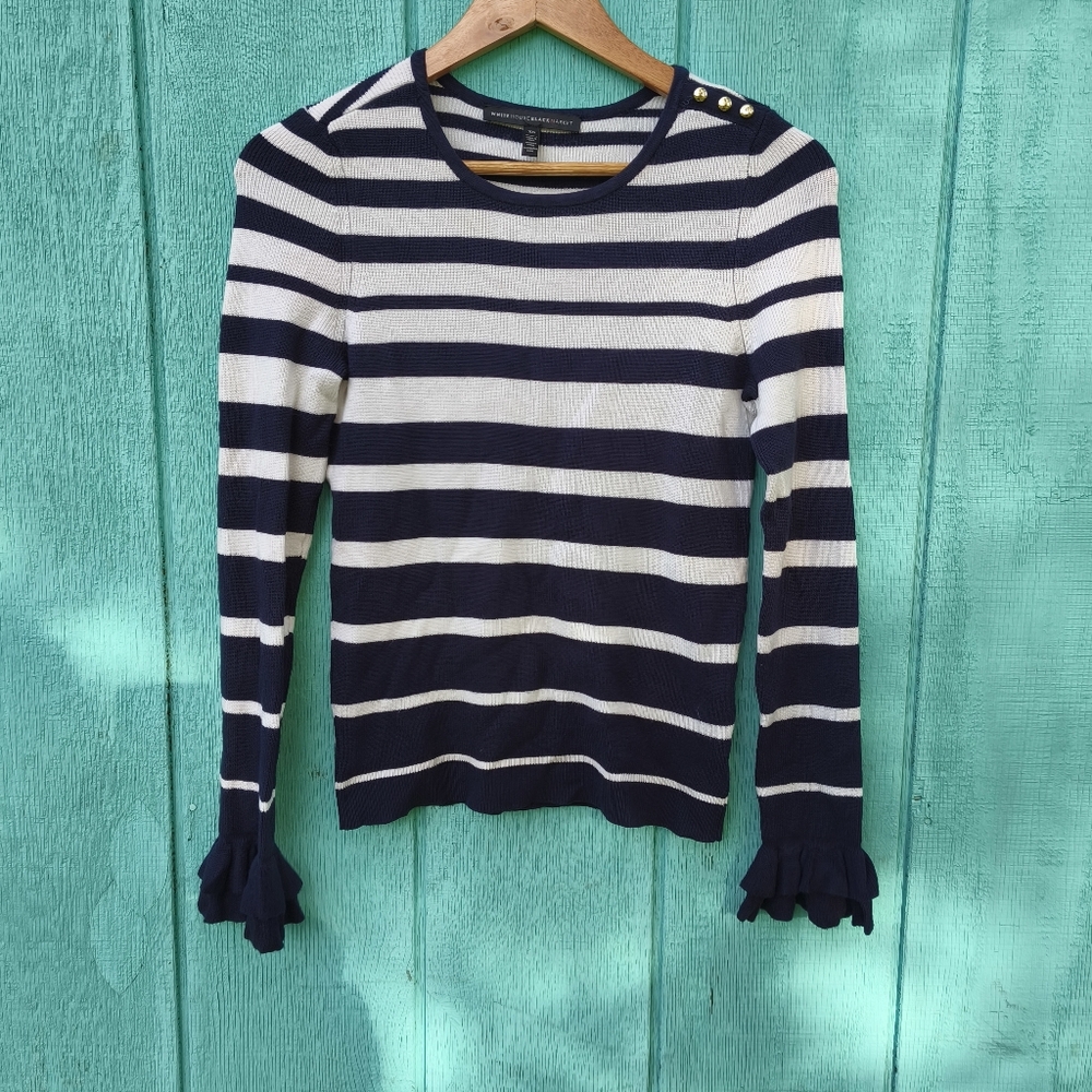 WHBM Ribbed Knit Striped Ruffle Cuff Sweater sz XS Navy White Preppy Office